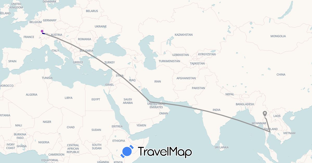 TravelMap itinerary: driving, plane, train in Switzerland, France, Qatar, Thailand (Asia, Europe)